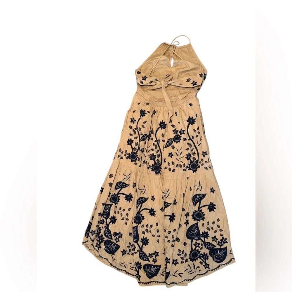 Anthropologie Maeve Tie Back Embroidered Halter Maxi Dress Honey Black Floral 4 - Picture 5 of 7